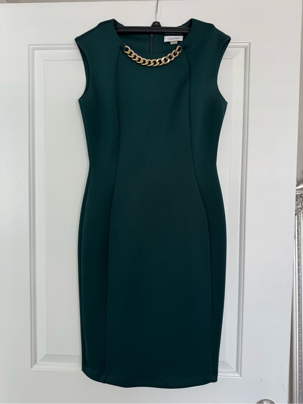 Calvin Klein Forest Green Sleeveless Sheath Dress with Gold Chain